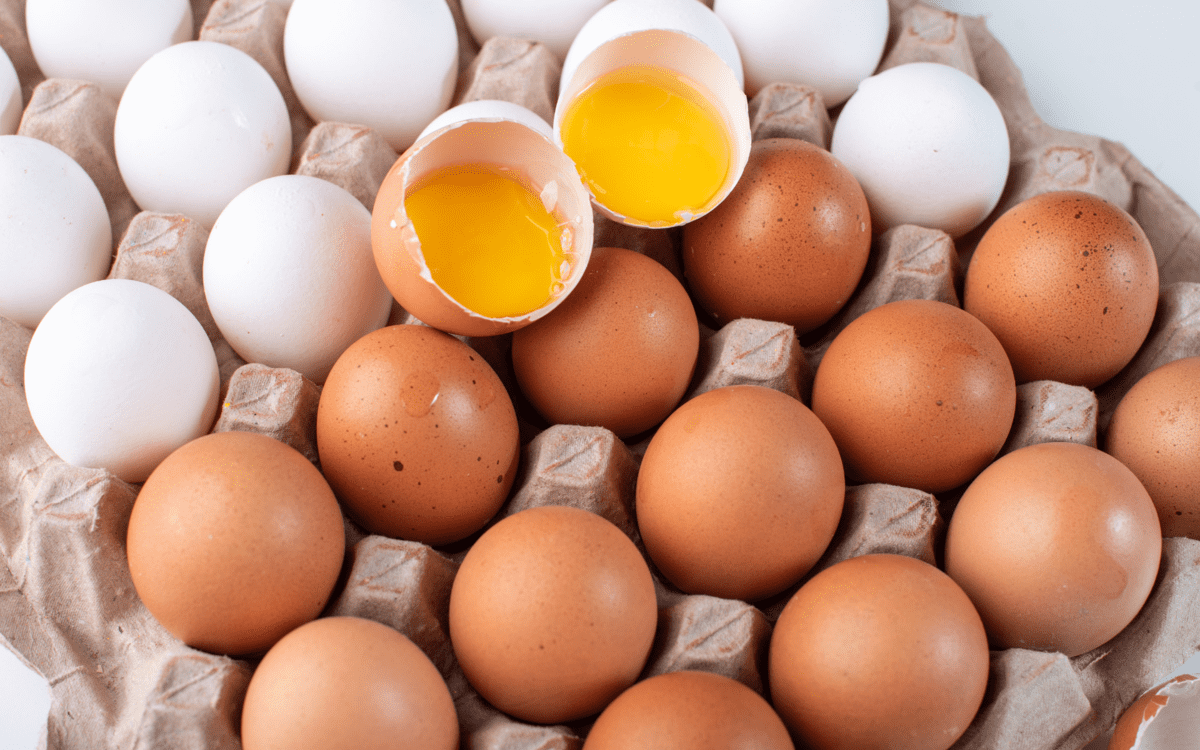 a carton of eggs on a table.