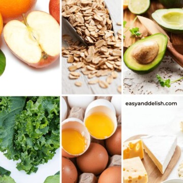 A collage of apple, oats, avocados, kale, eggs and cheese photos