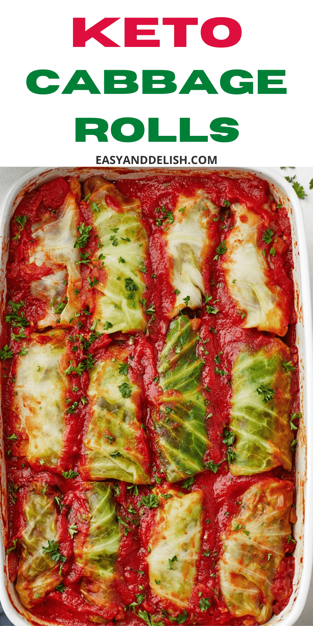 CLOSE UP OF KETO CABBAGE ROLL IN A BAKING DISH.