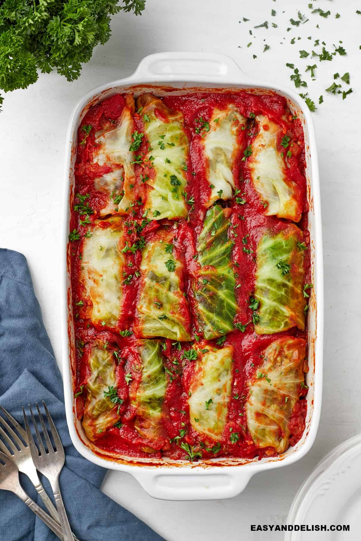 Polish cabbage rolls made keto in a pool of tomato sauce ina  baking dish sorrounded by garnishes.