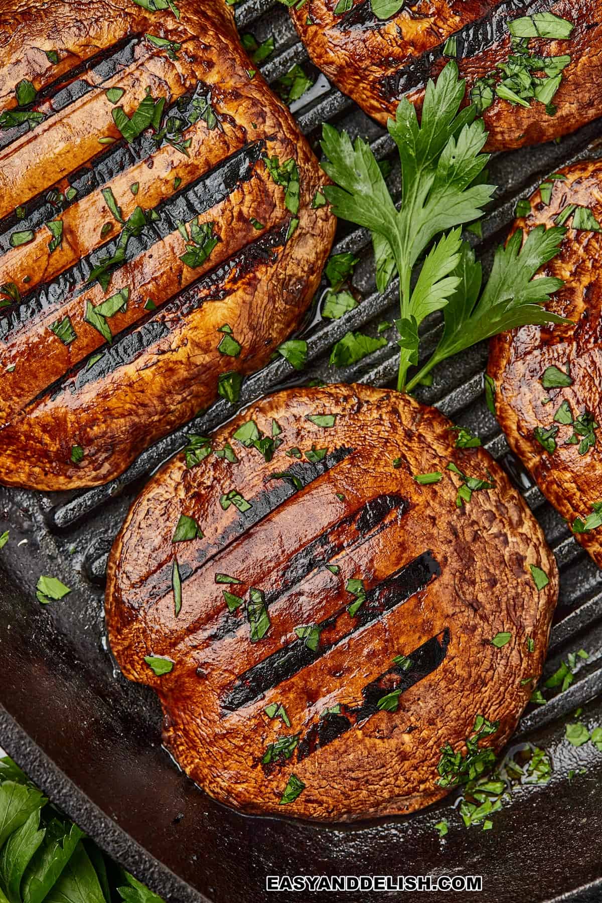 close up of vegan mushroom steak in a pan