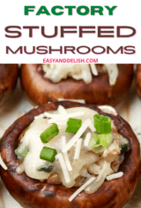 pin shwoing close up of copycat cheesecake factory stuffed mushrooms.