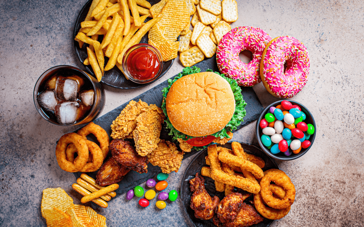 a table full of inflammatory foods (junk food).
