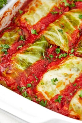 A BAKING DISH WITH KETO CABBAGE ROLLS.