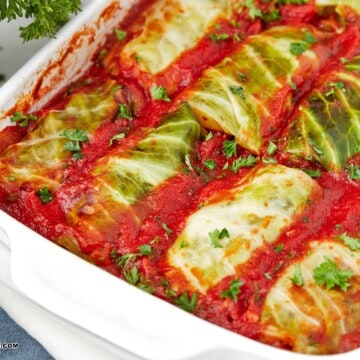 A BAKING DISH WITH KETO CABBAGE ROLLS.