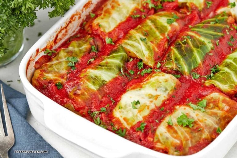 A BAKING DISH WITH KETO CABBAGE ROLLS.