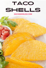 pin showing close up of crunchy keto cheese taco shells in a platter.