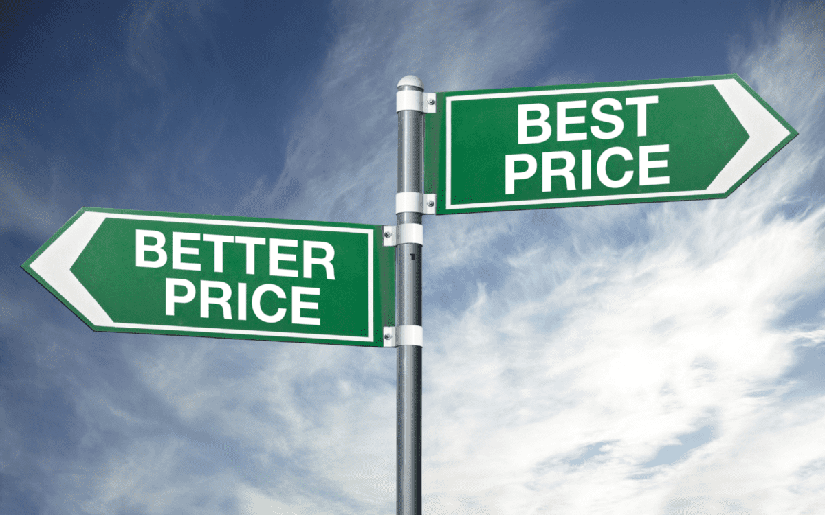 two signs pointing to grocery stores with better and best prices to buy the cheapest foods when you are broke. 