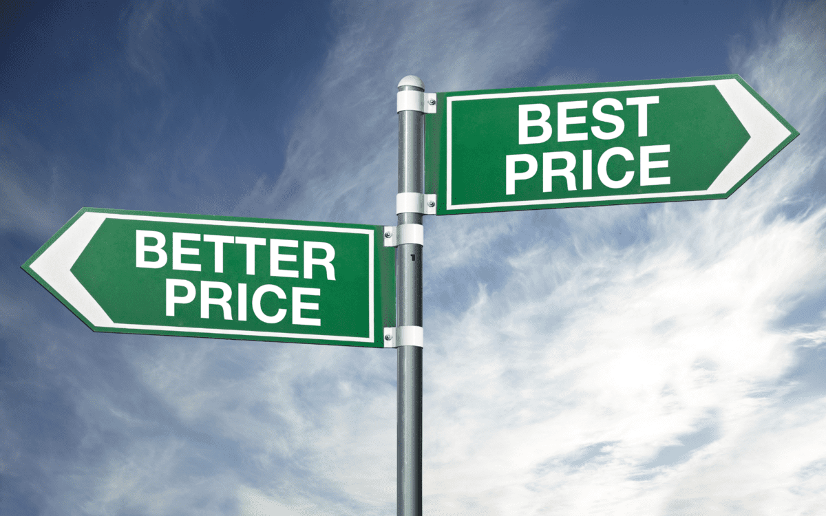 two signs pointing to grocery stores with better and best prices to buy the cheapest foods when you are broke. 