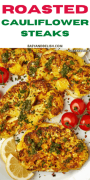 close up of vegan cauliflower steaks.