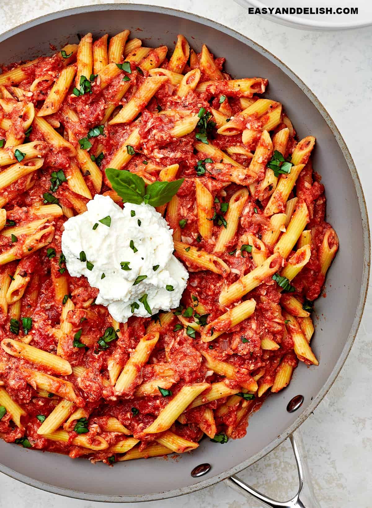 four cheese pasta in a skillet topped with fresh herbs and a dollop of whipped ricotta.