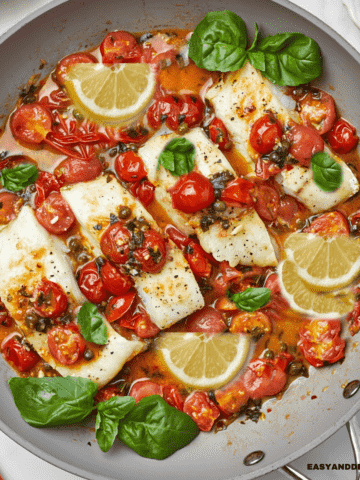 Italian baccala in a skillet topped with a white wine tomato sauce, basil, and lemon.
