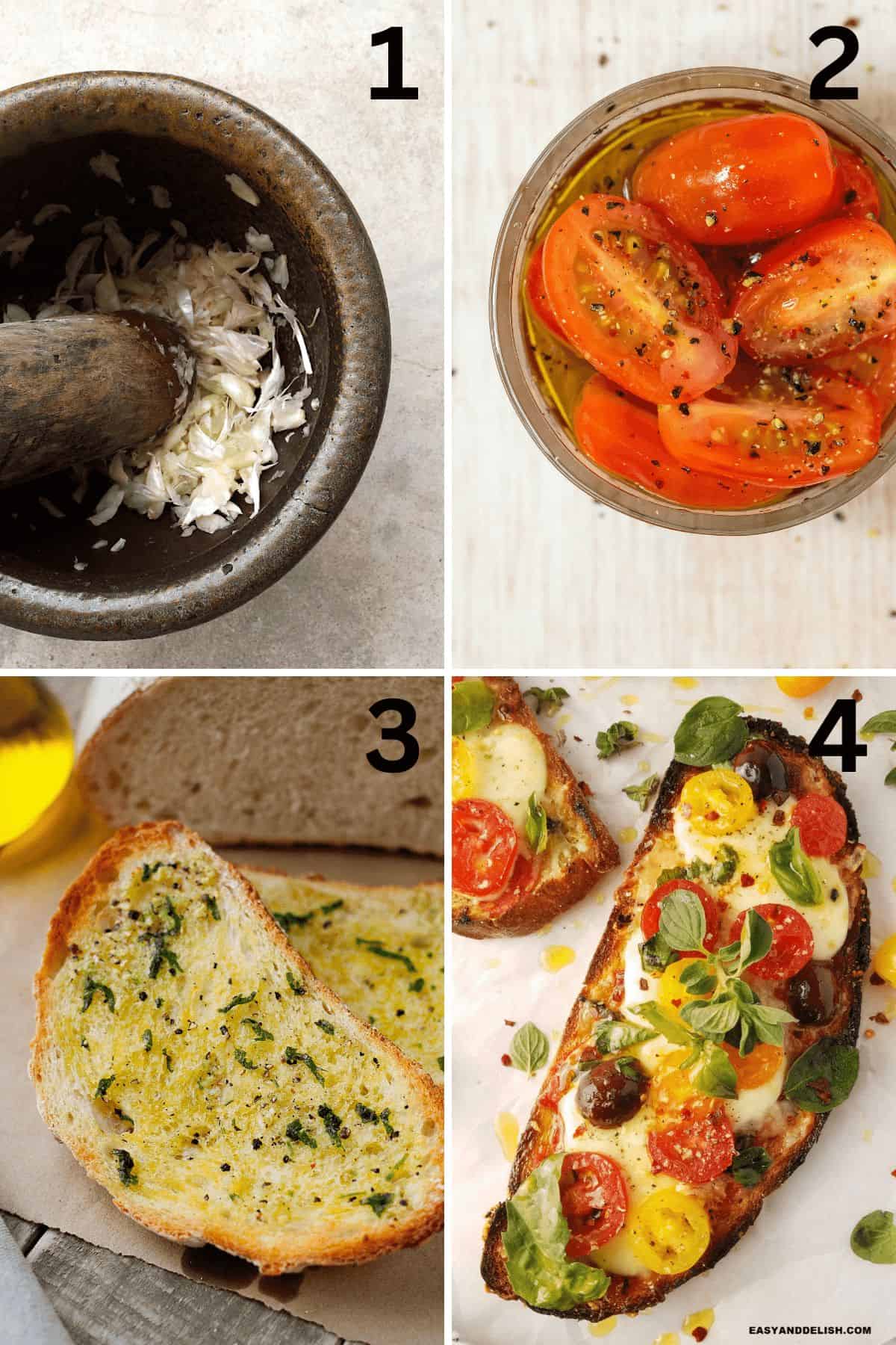 Crushed garlic, seasoned tomatoes, toasted sourdough, and finished pizza toast.