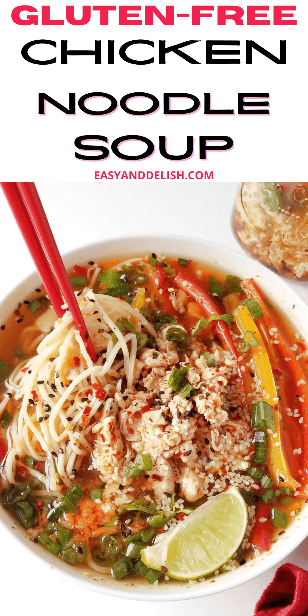 close up of gluten-free chicken noodle soup in a bowl.