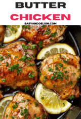 half skillet honey butter chicken thighs with lemon wedges.