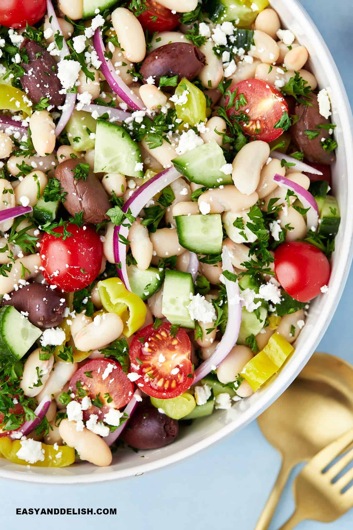 Half bowl of Tuscan white bean salad.