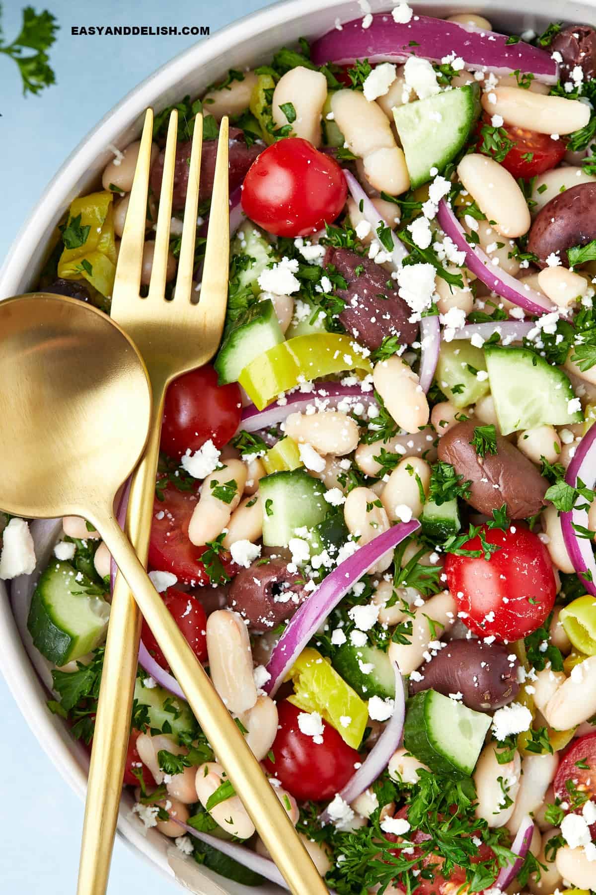 Aclose up of a bowl of white bean salad with cutlery on the side. 