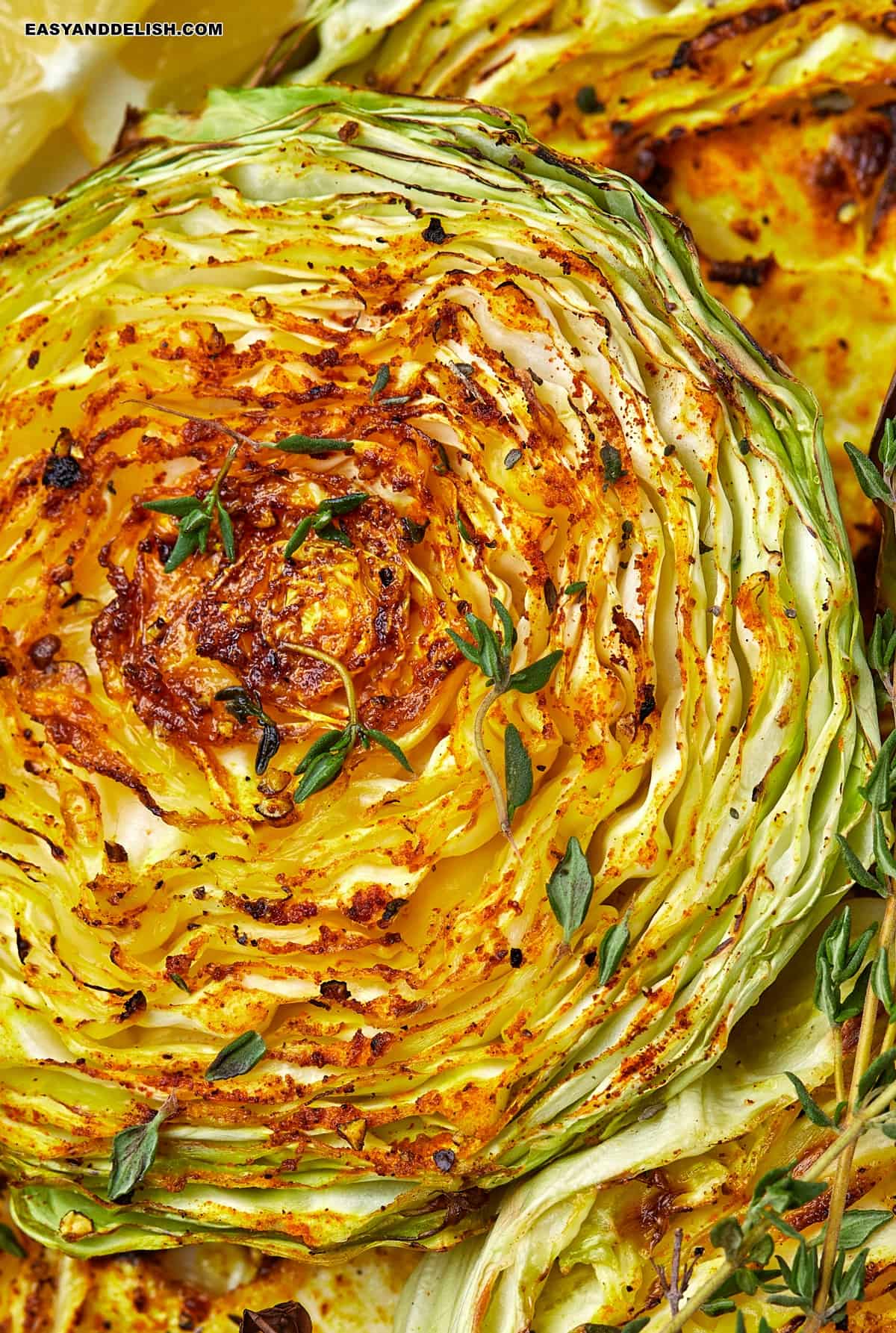 close up of half air fryer cabbage steak.