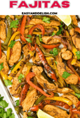 pin with a close up image of keto chicken fajitas.