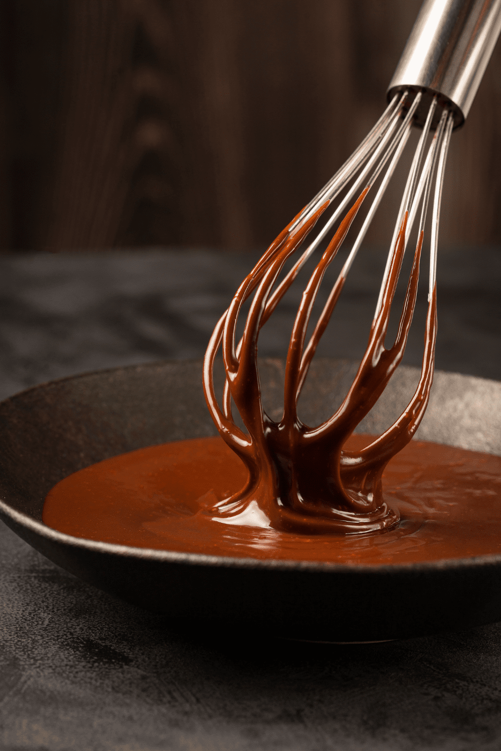 Whisking chocolate ganache in a bowl. 