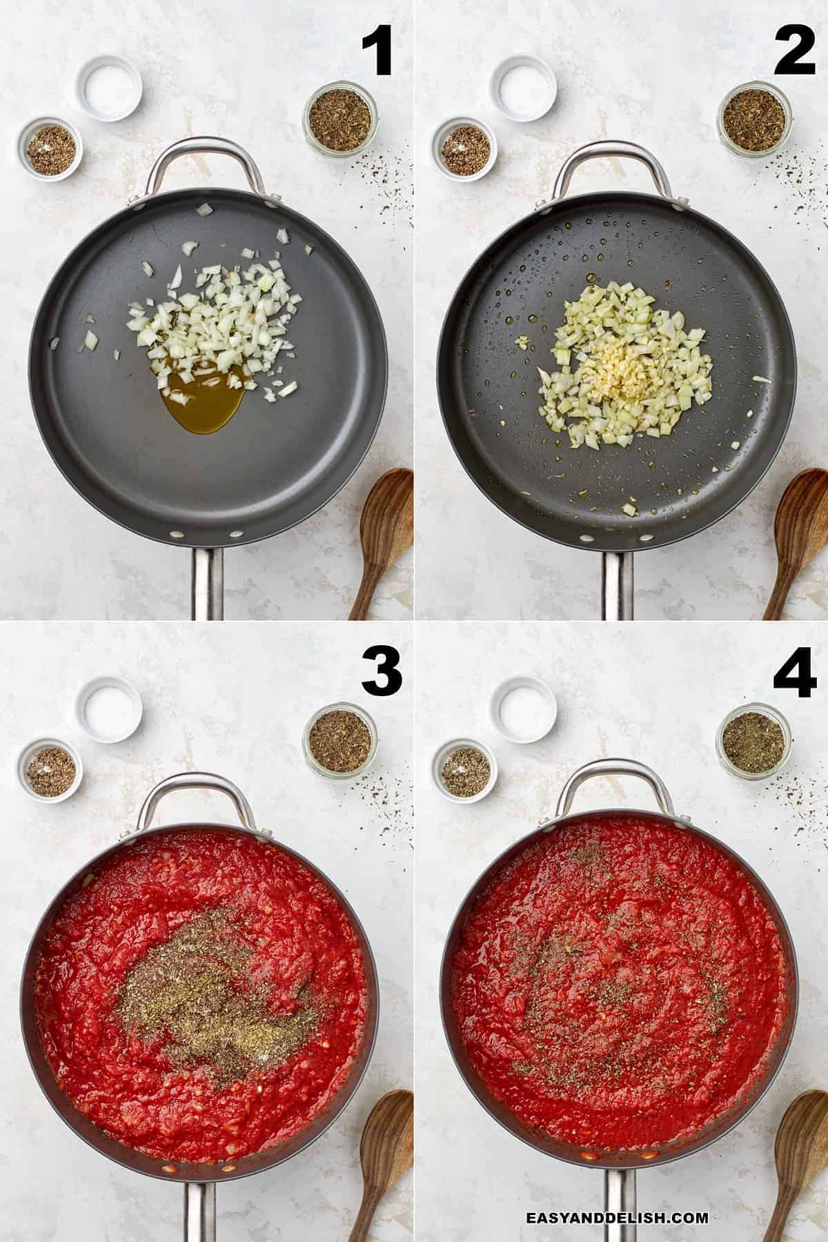 Onion, garlic, crushed tomatoes, and seasonings added to a skillet to make marinara sauce.