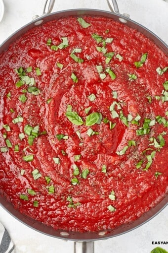 close up of a pan with healthy hearty marinara sauce and fresh herbs with some ingredients on the side.