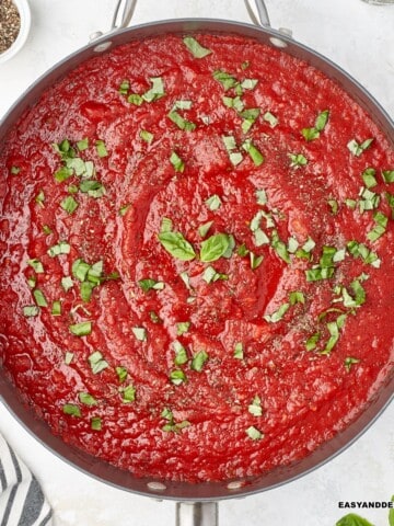 close up of a pan with healthy hearty marinara sauce and fresh herbs with some ingredients on the side.