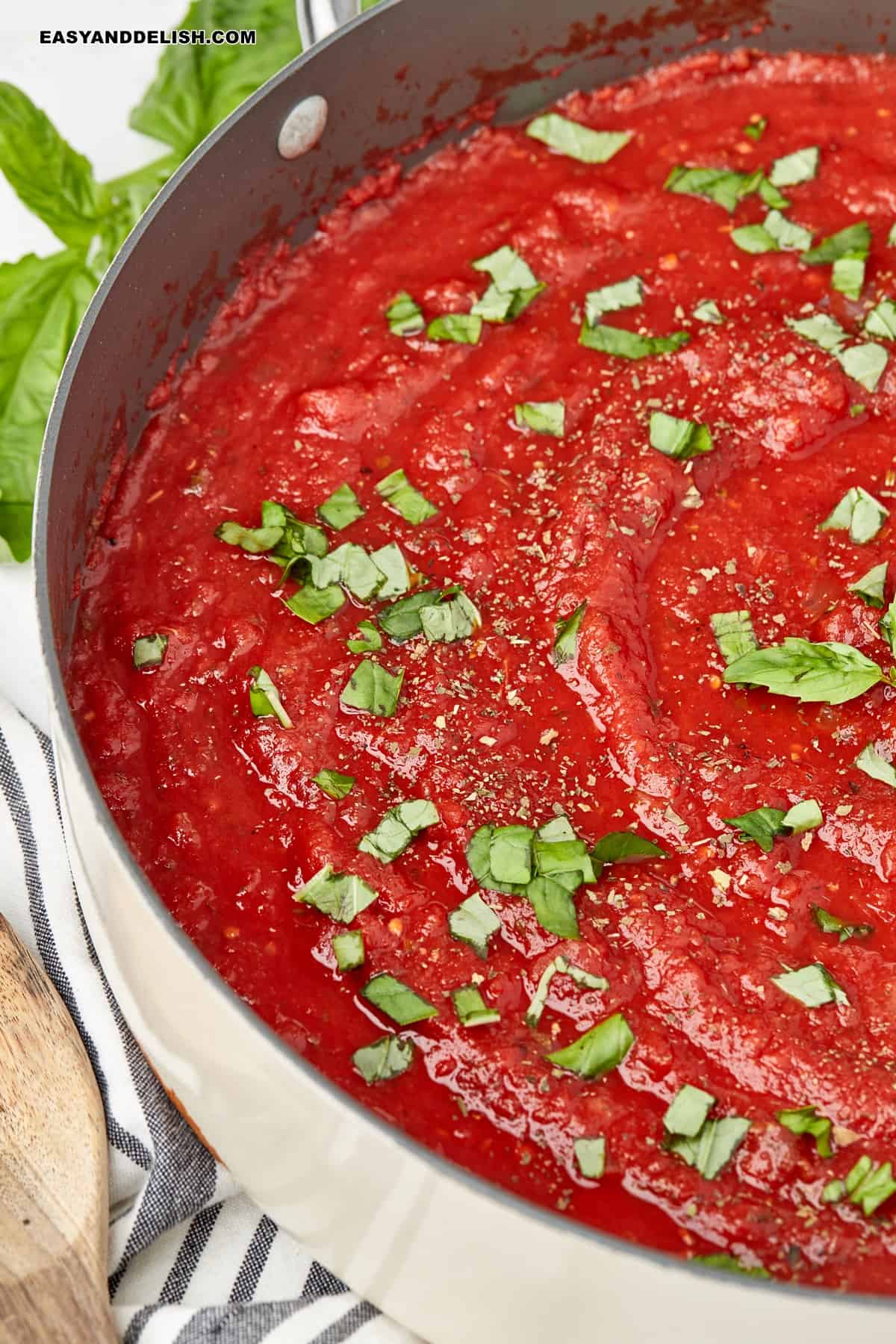 close up of halp pan of healthy hearty marinara sauce.