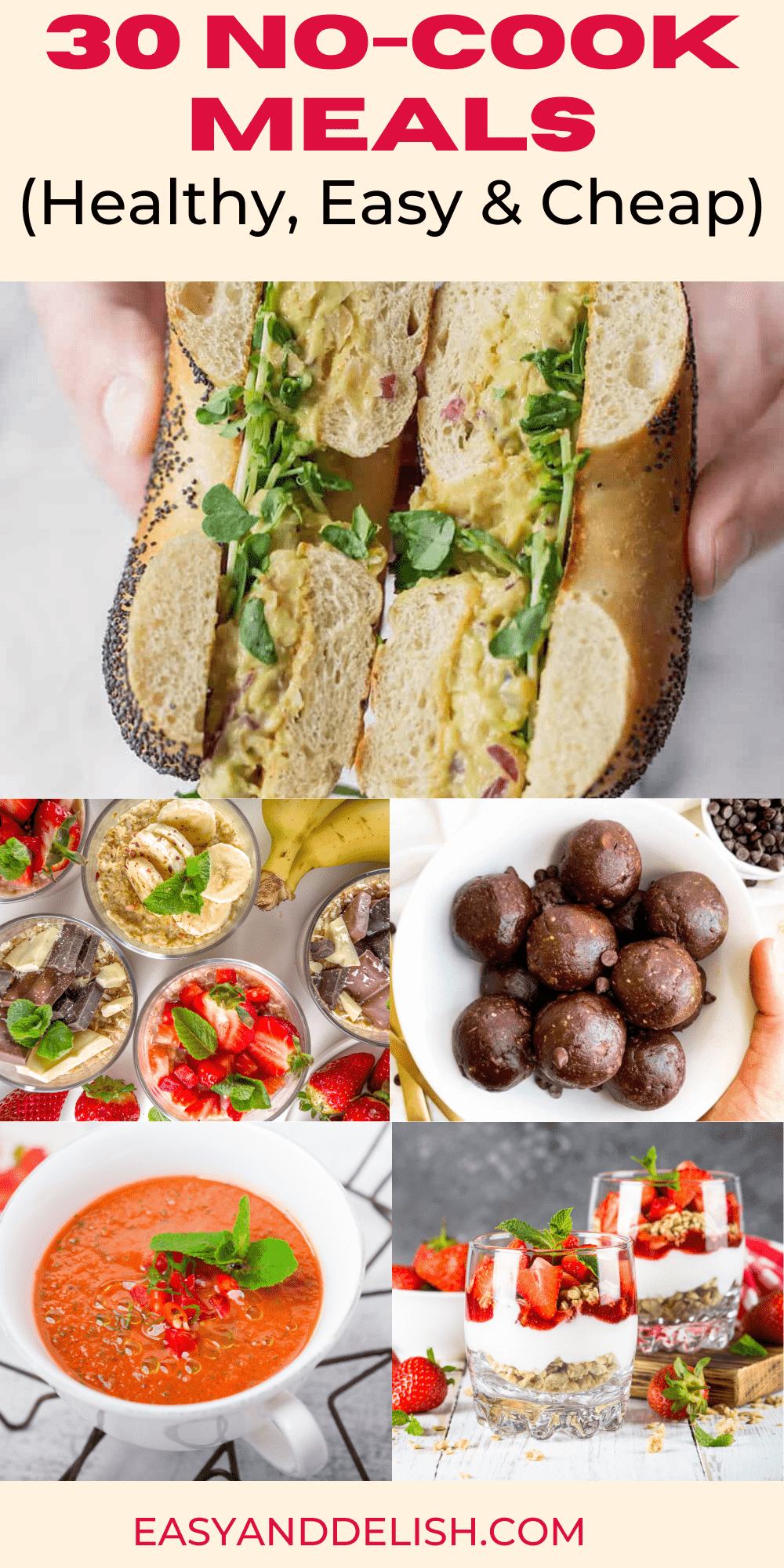 image collage showing five out of 30+ no-cook meals.