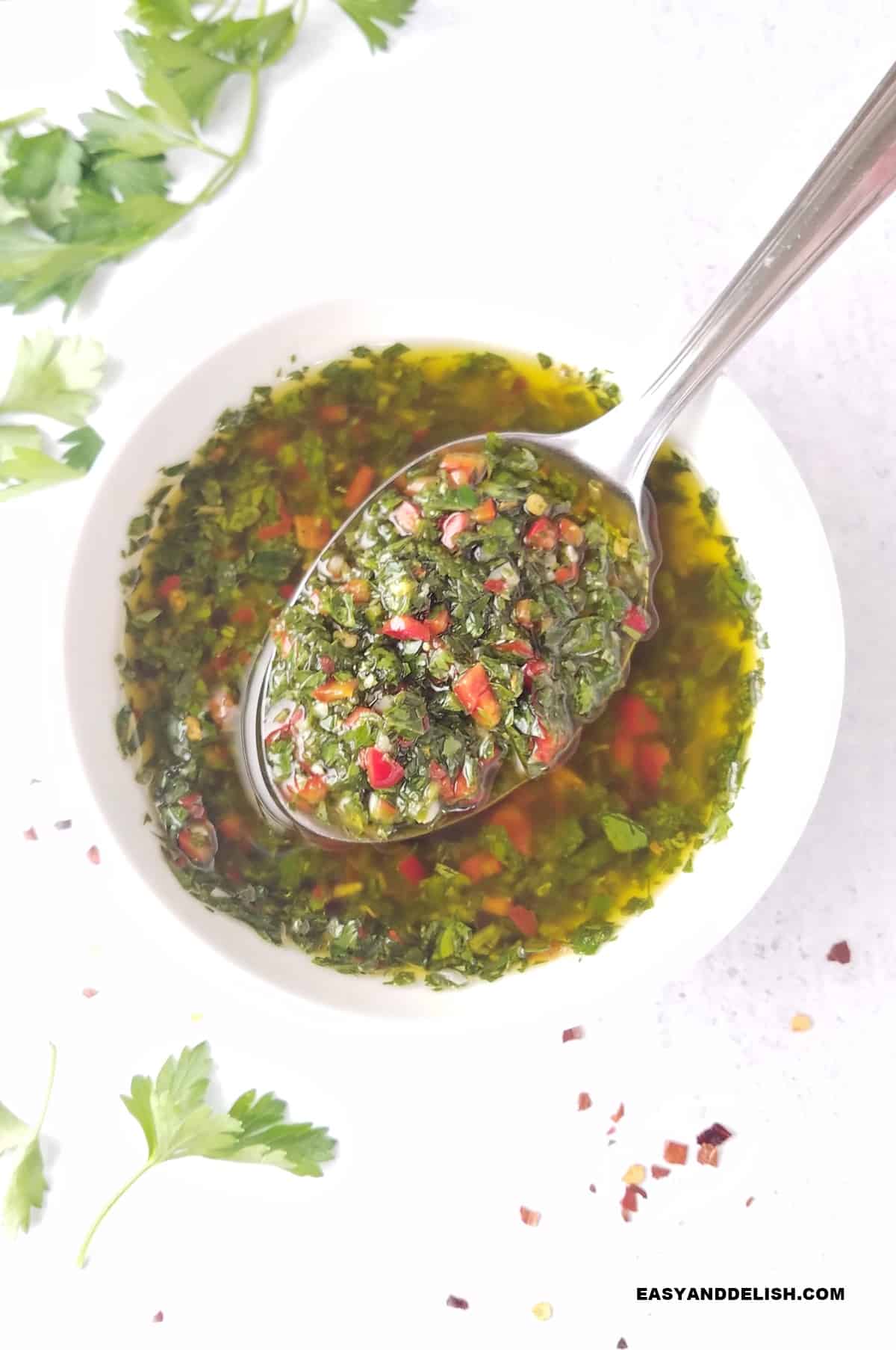hand-chopped chimichurri sauce in a spoon and bowl (chunky texture). 