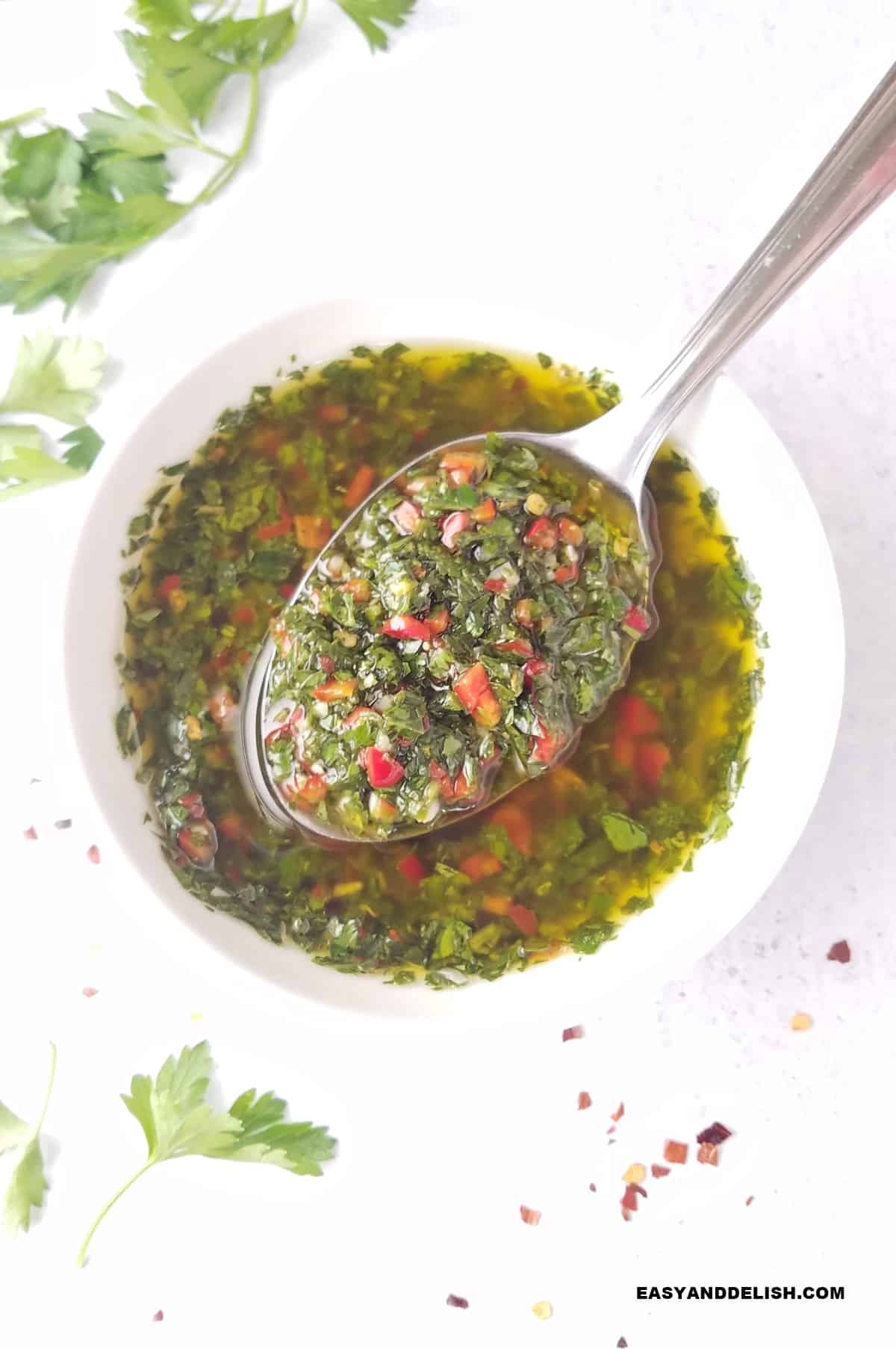 hand-chopped chimichurri sauce in a spoon and bowl (chunky texture).