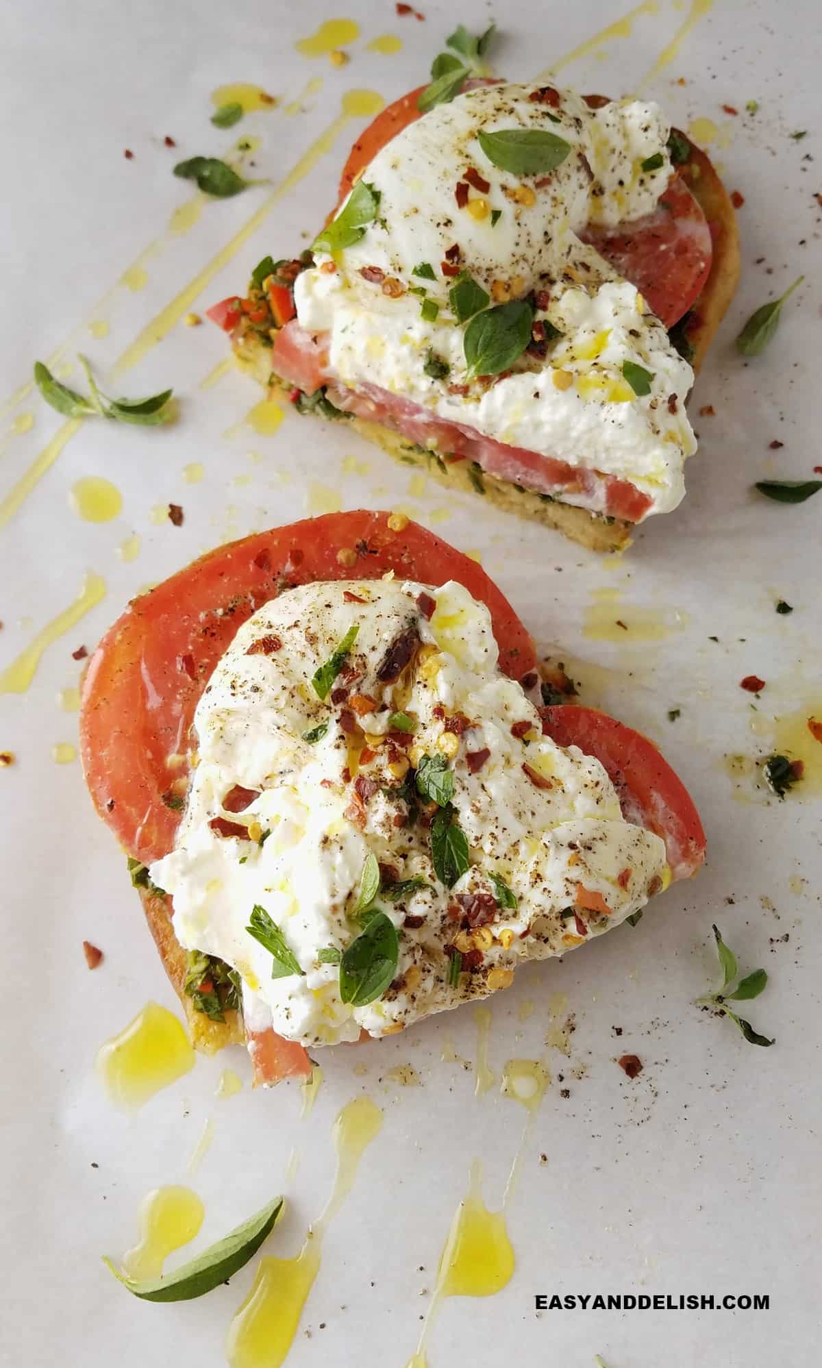 two halves of toasted bread with toppings.