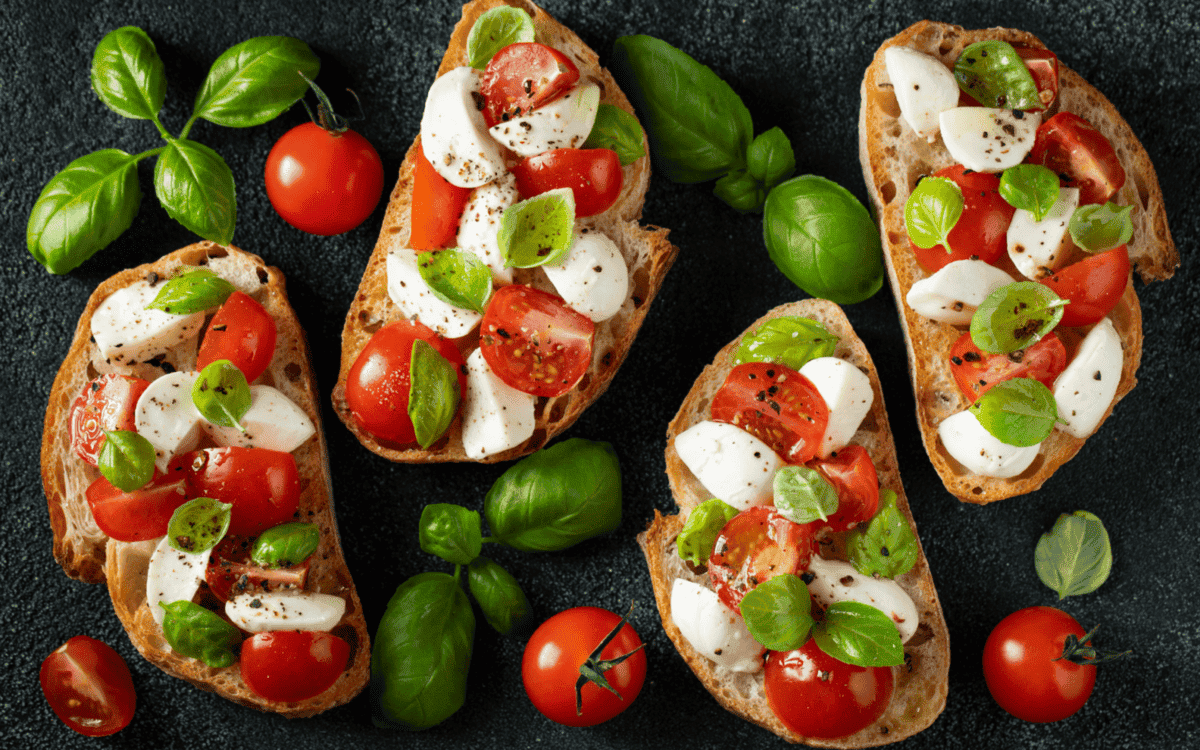 toast with tomato, mozzarella, and basil.