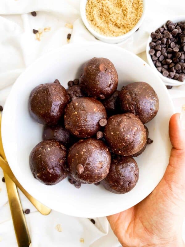 healthy no-bake brownie bites with peanut butter for a no-cook snack.