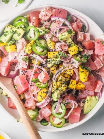 close up of tuna ceviche in a bowl with a spoon on the side.