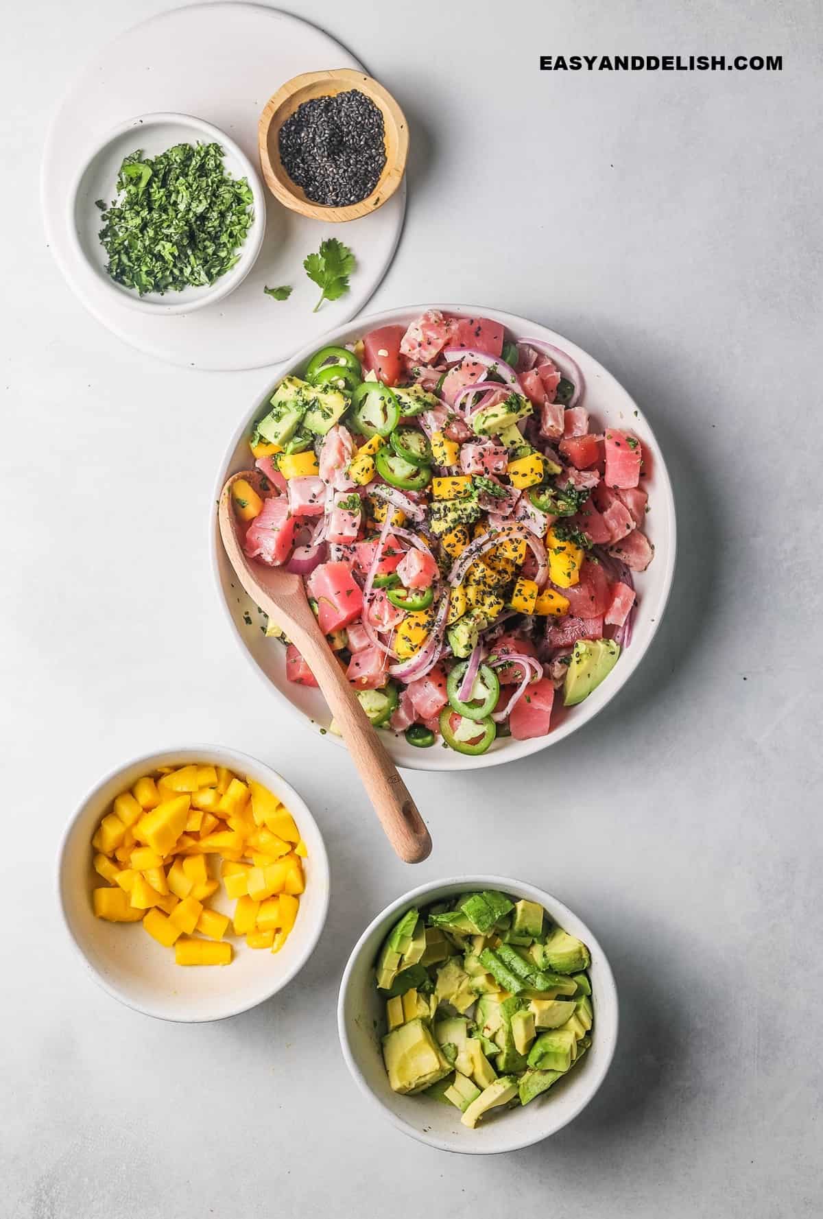 Mexican tuna ceviche with some of the ingredients on the side in bowls.