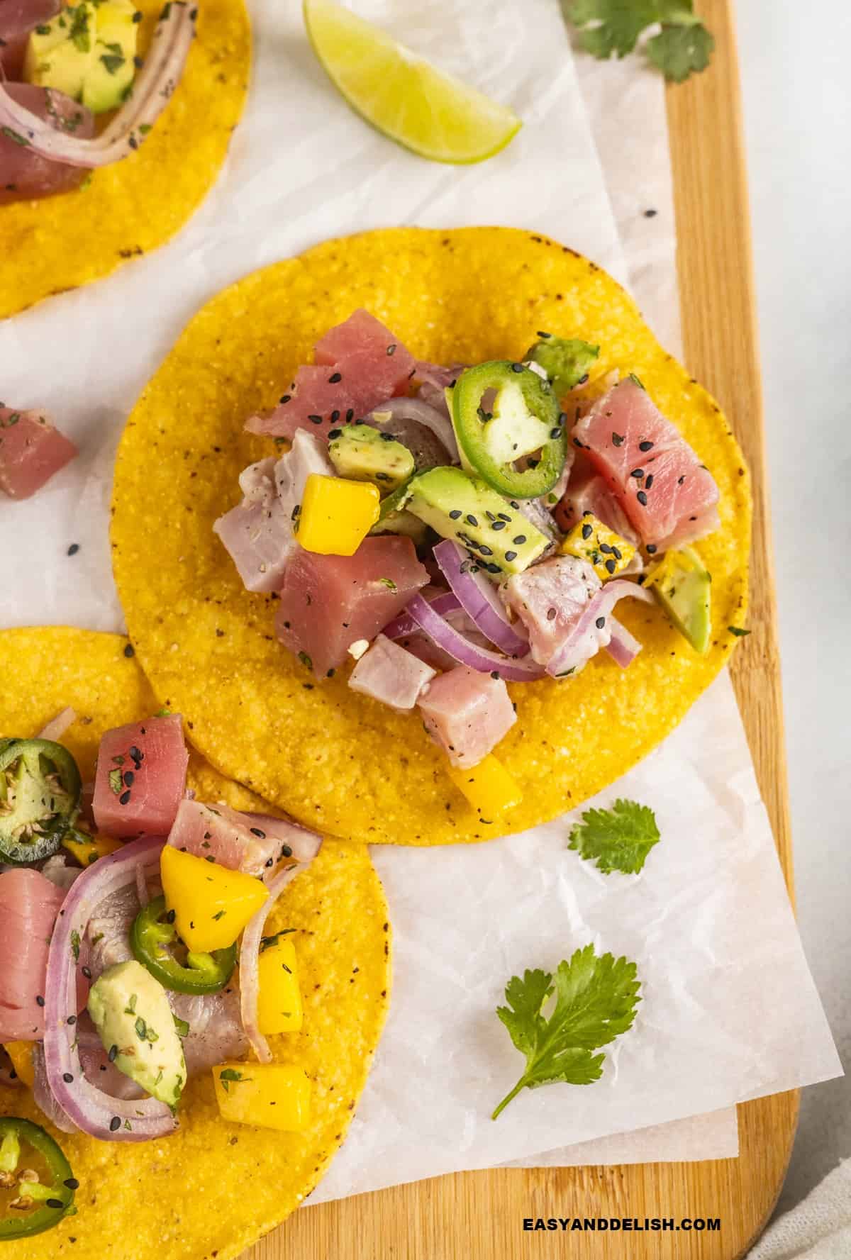 tuna ceviche served on tostadas.