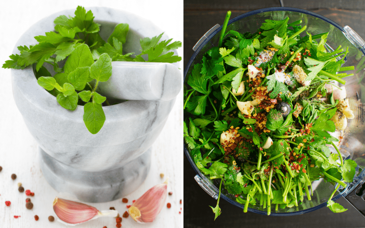 condiment made in a mortar and pestle on the left: making of the condiment in a food processor on the right.