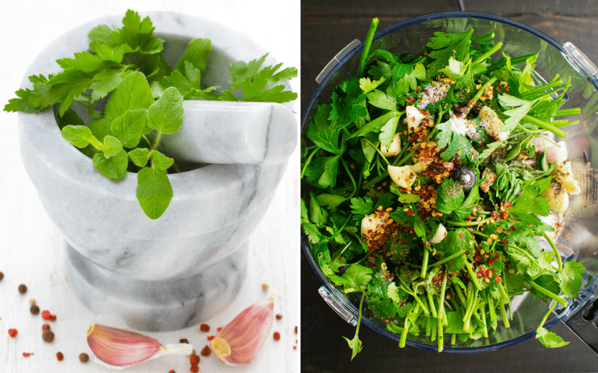 condiment made in a mortar and pestle on the left: making of the condiment in a food processor on the right. 