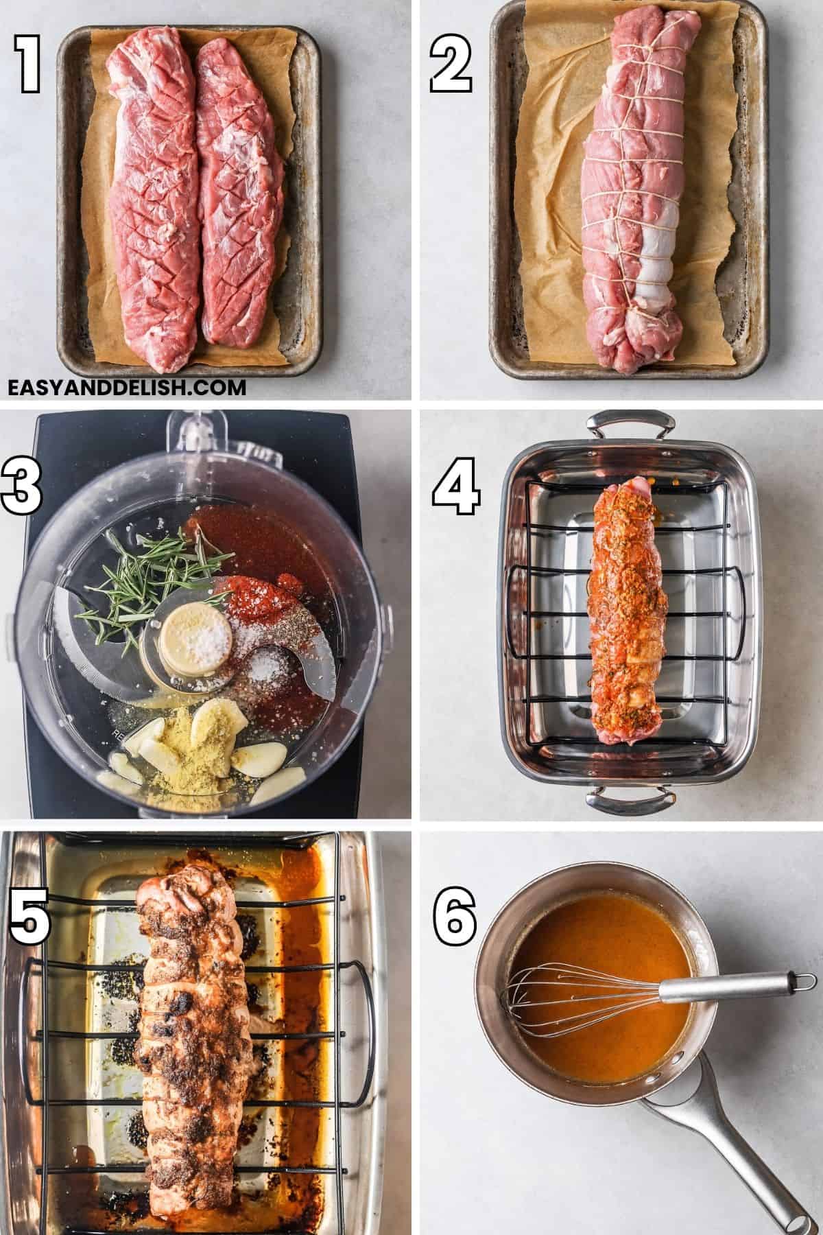 Six stages of preparing roasted pork tenderloin, from scoring and tying the meat to seasoning, roasting, and making the sauce.