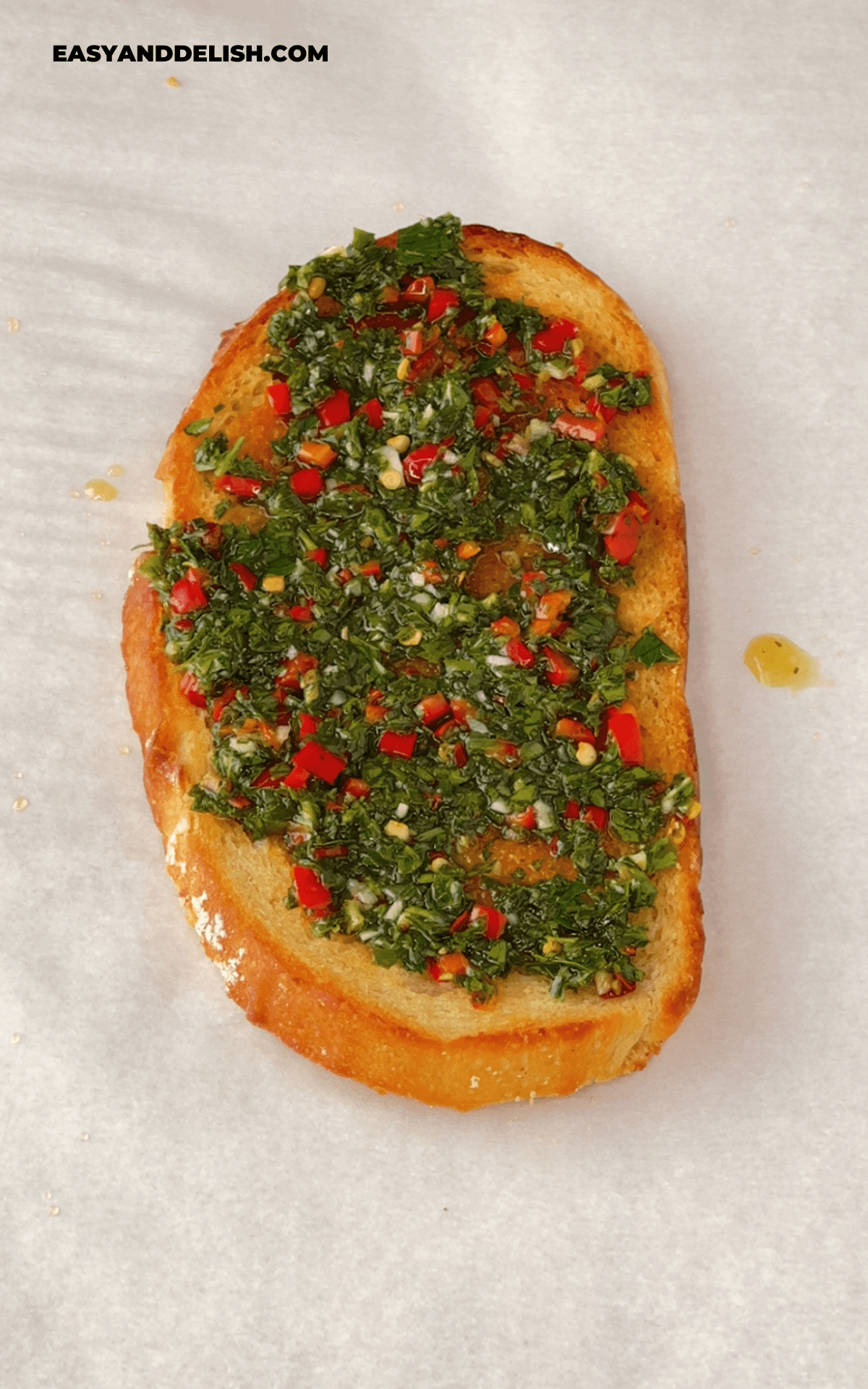 toasted slice of sourdough bread with chimichurri sauce on top.