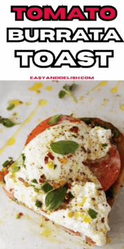 close up of half slice of tomato burrata toast.