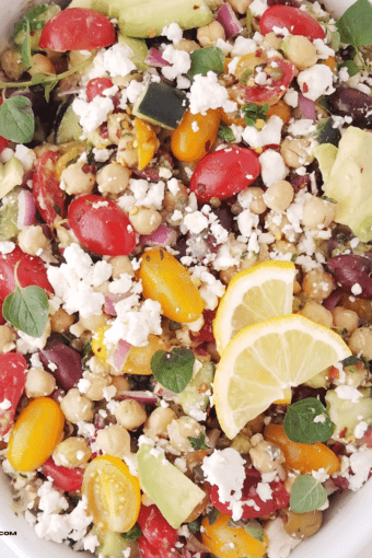 Close up of Mediterranean cucumber chickpea salad.