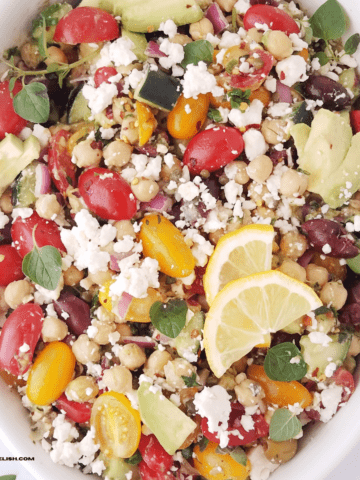 Close up of Mediterranean cucumber chickpea salad.