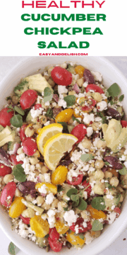 Healthy Cucumber Chickpea Salad ina close up.