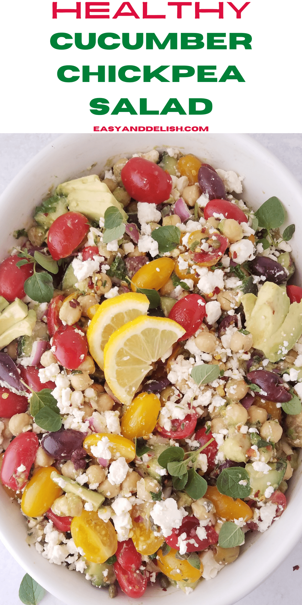 Healthy Cucumber Chickpea Salad ina close up.