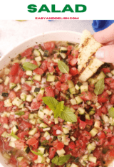 close up of Persian cucumber salad with a mini toast dipped in it.