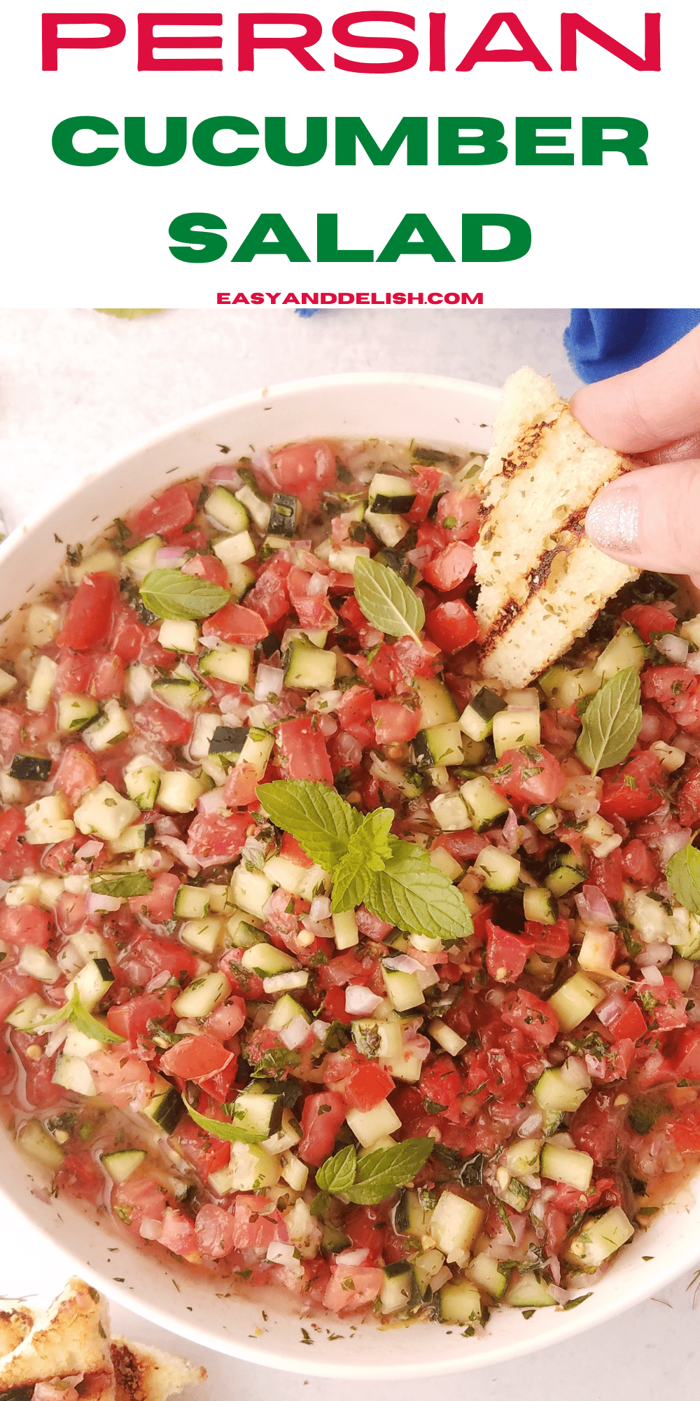 close up of Persian cucumber salad with a mini toast dipped in it.