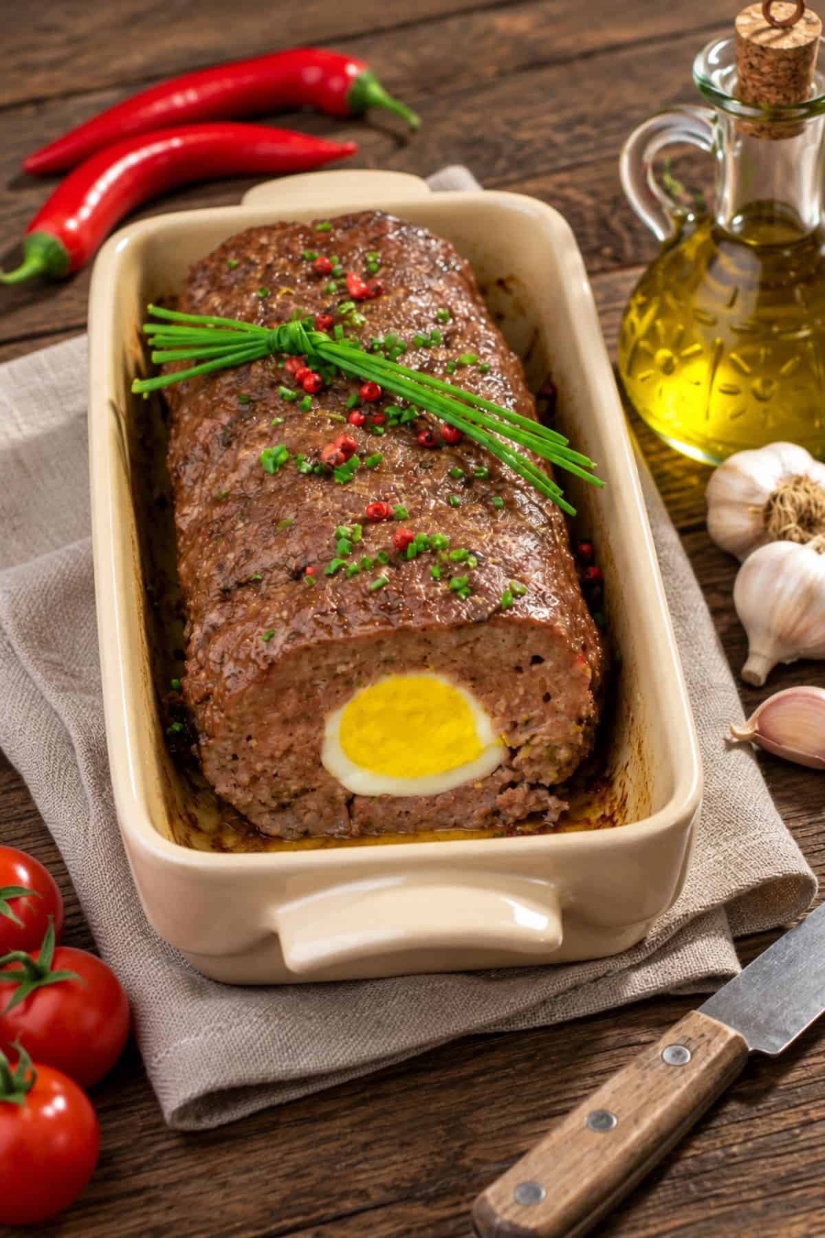 Whole egg-stuffed meatloaf garnished with chives and red peppercorns, surrounded by garlic, peppers, and olive oil.
