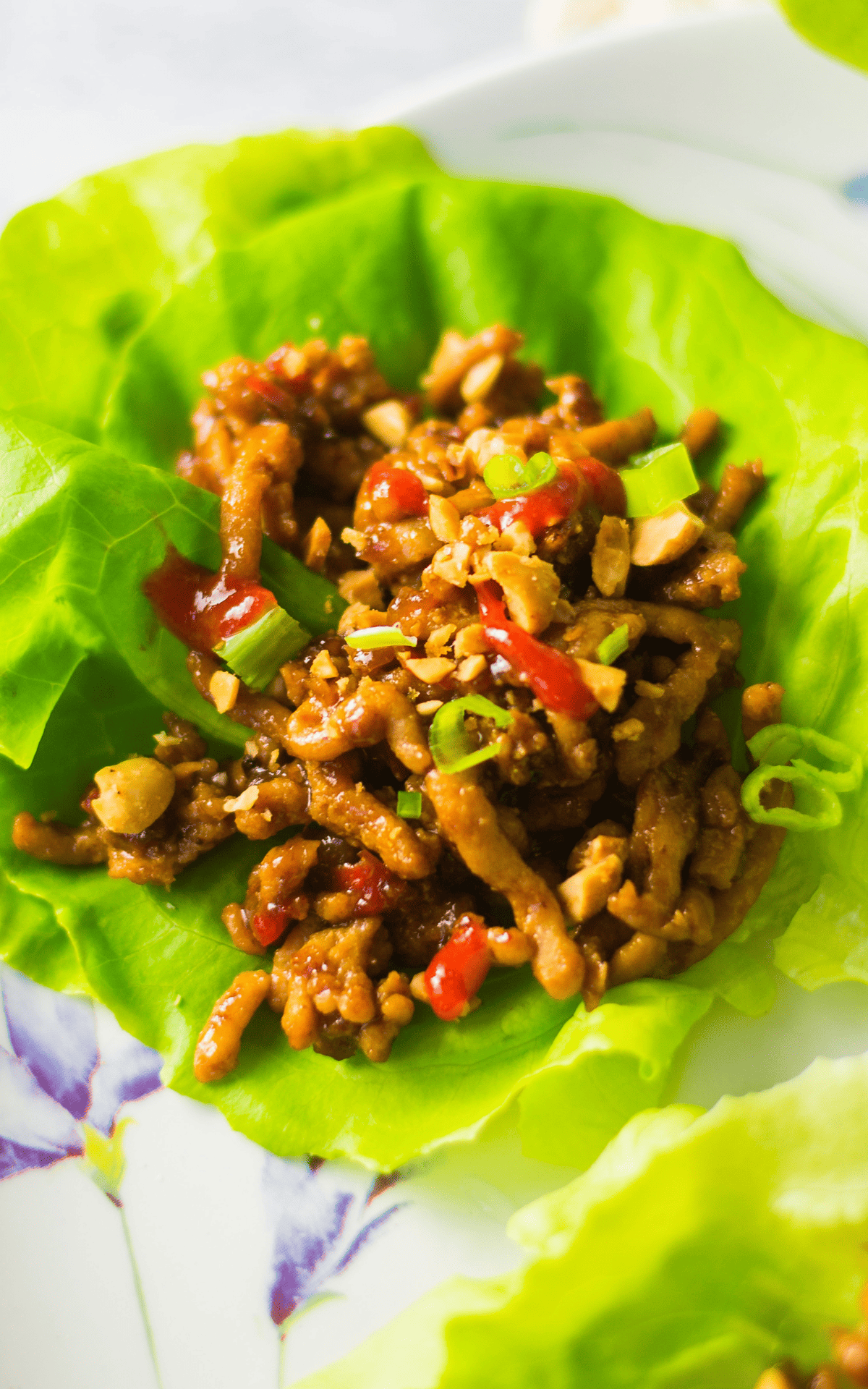 close up of a chicken lettuce wrap.